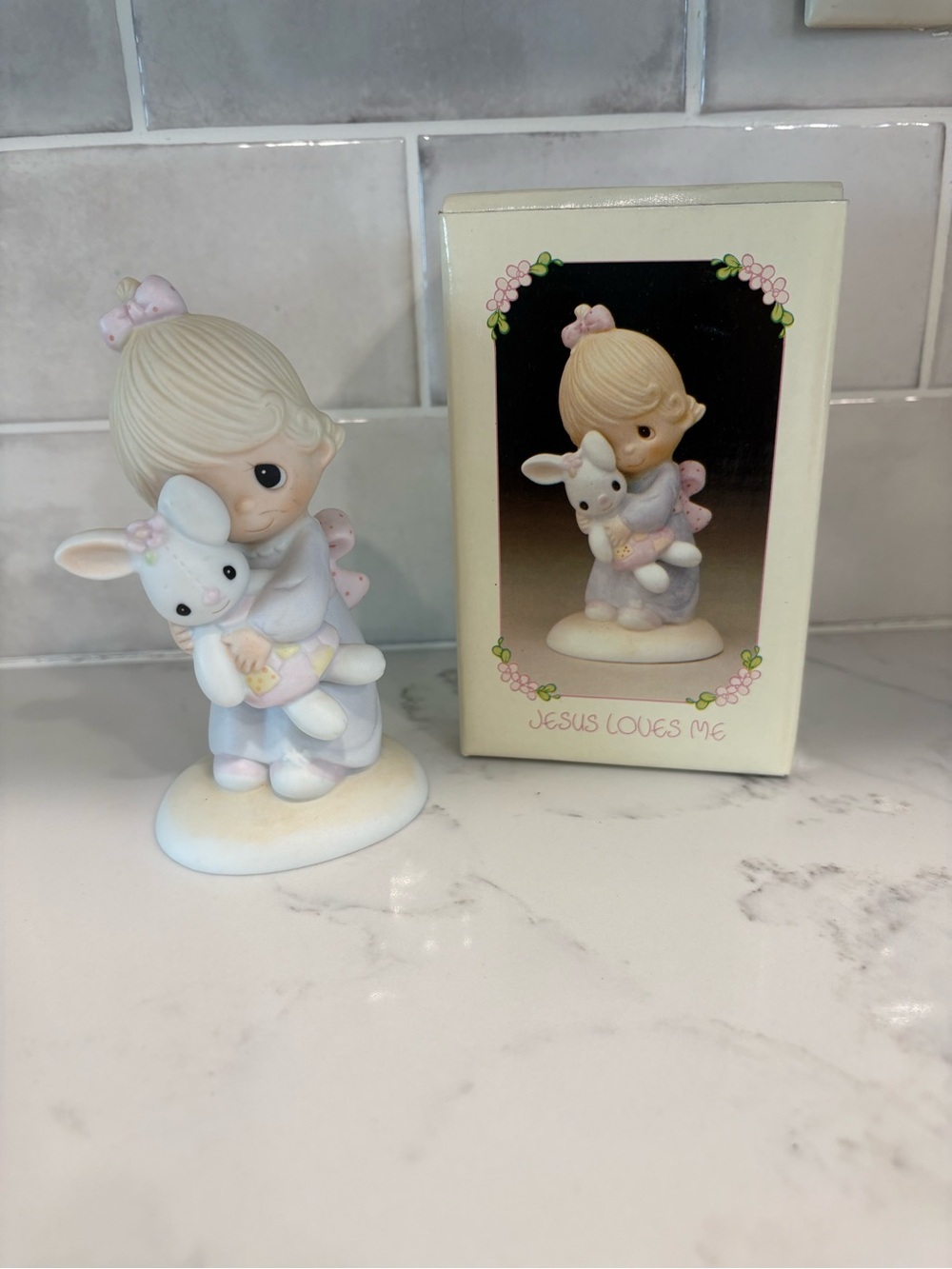 Precious Moments Figurine Girl Hugging Bunny - Cream, Pink & Light Blue